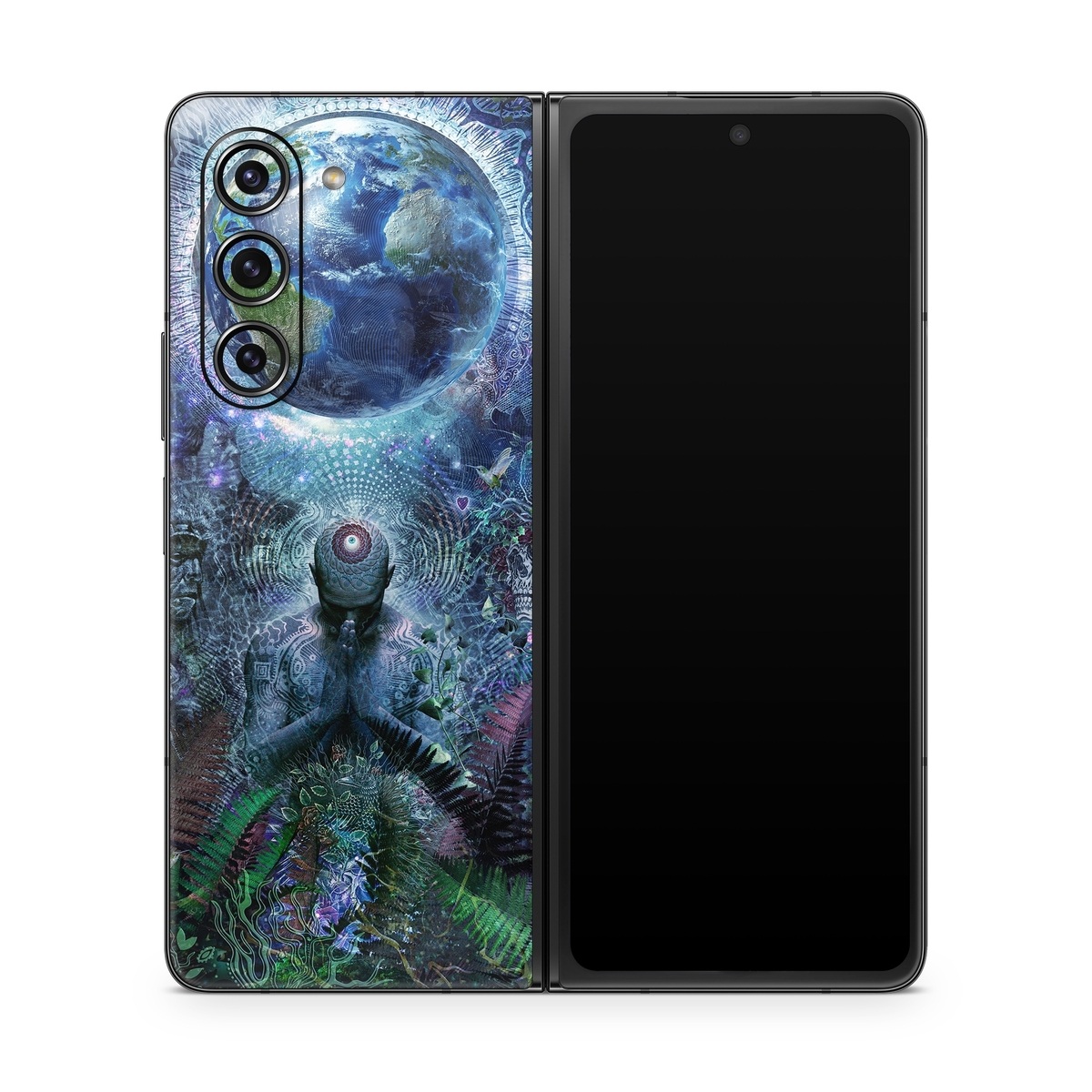 Samsung Galaxy Z Fold5 Skin design of Psychedelic art, Fractal art, Art, Space, Organism, Earth, Sphere, Graphic design, Circle, Graphics, with blue, green, gray, purple, pink, black, white colors