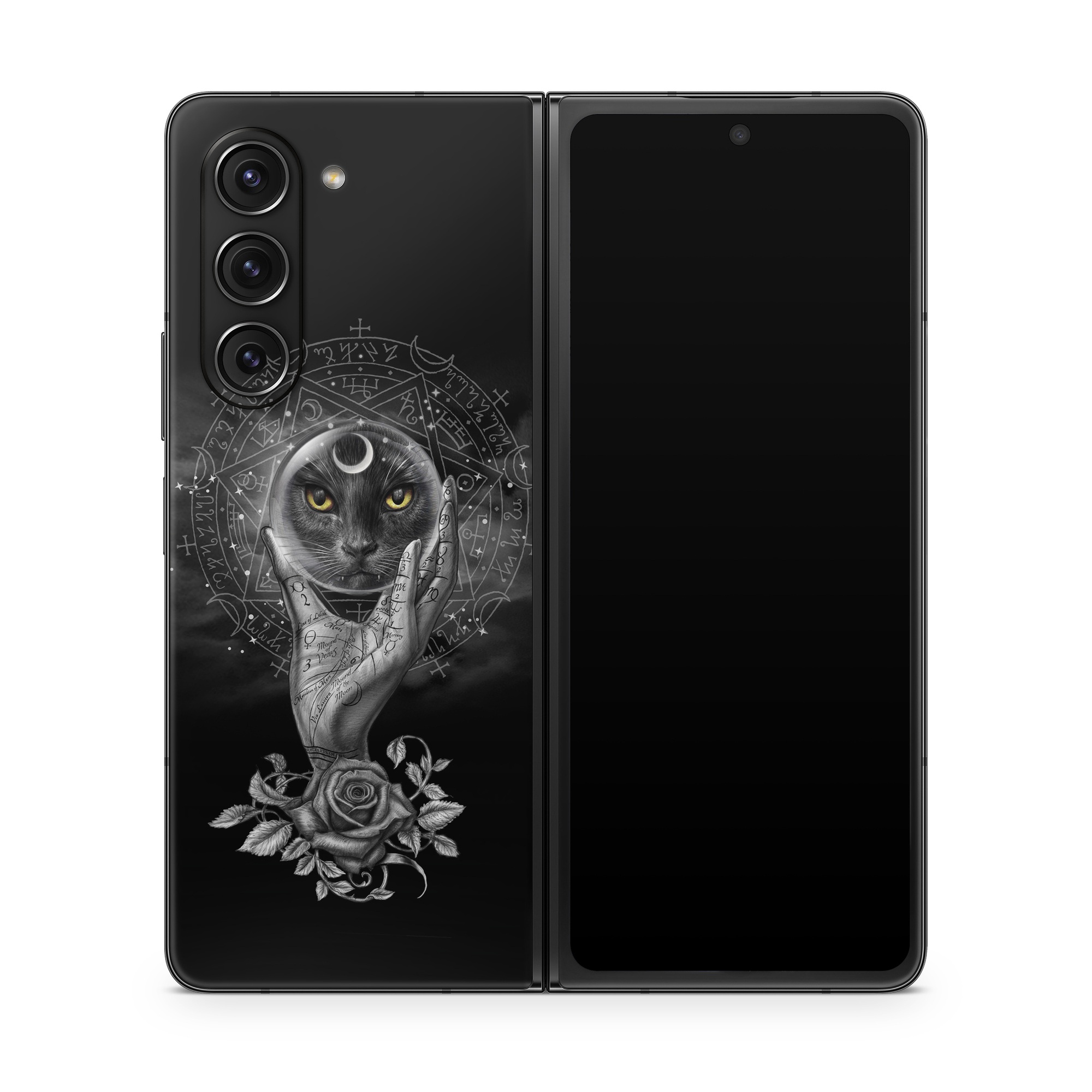 Samsung Galaxy Z Fold5 Skin design of Head, Eye, Flash photography, Painting, Headgear, Art, Font, Snout, Darkness, Owl, with black, white, gray colors