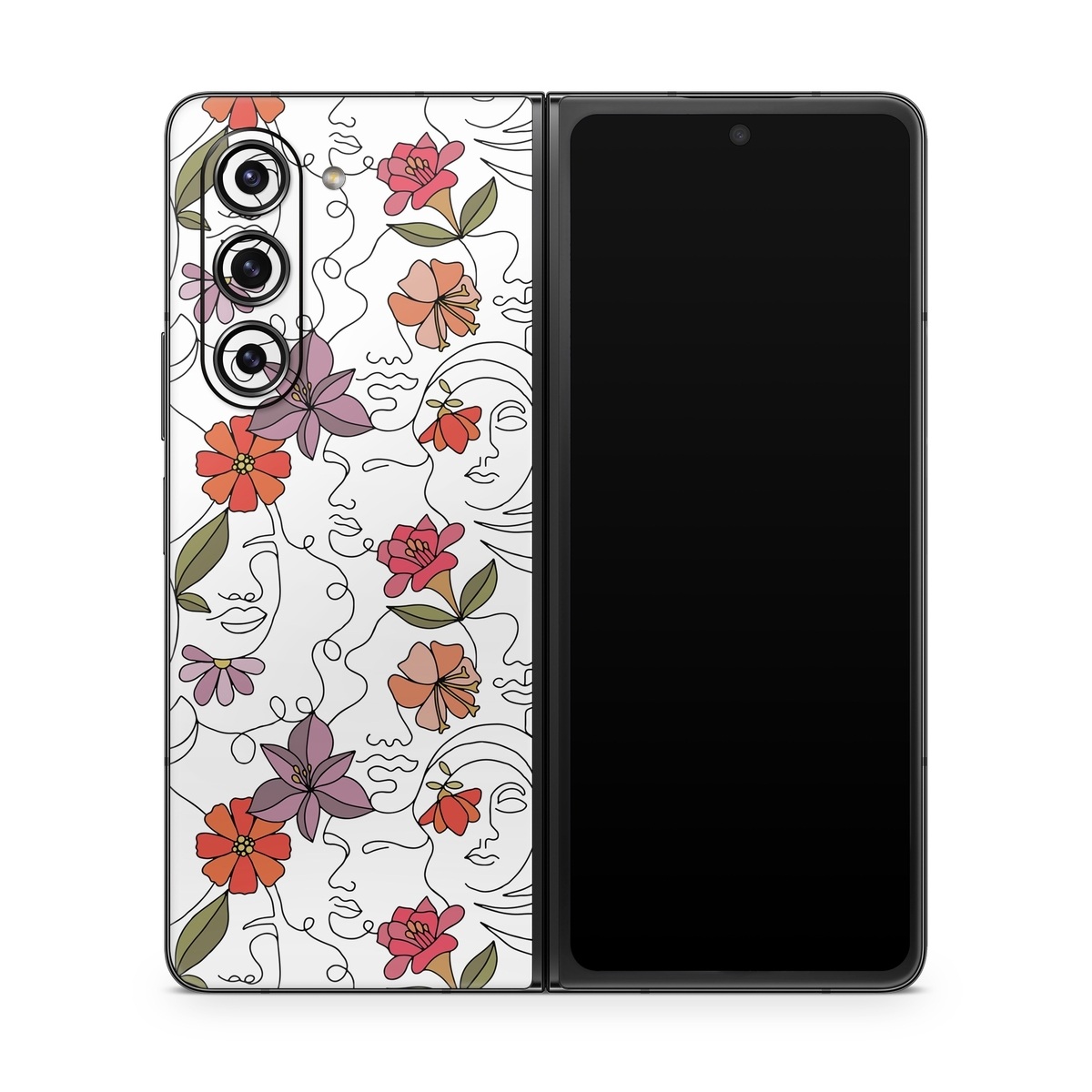 Samsung Galaxy Z Fold5 Skin design of Flower, Plant, White, Product, Petal, Branch, Rectangle, Botany, Textile, Creative arts, with white, red, purple, green, orange colors
