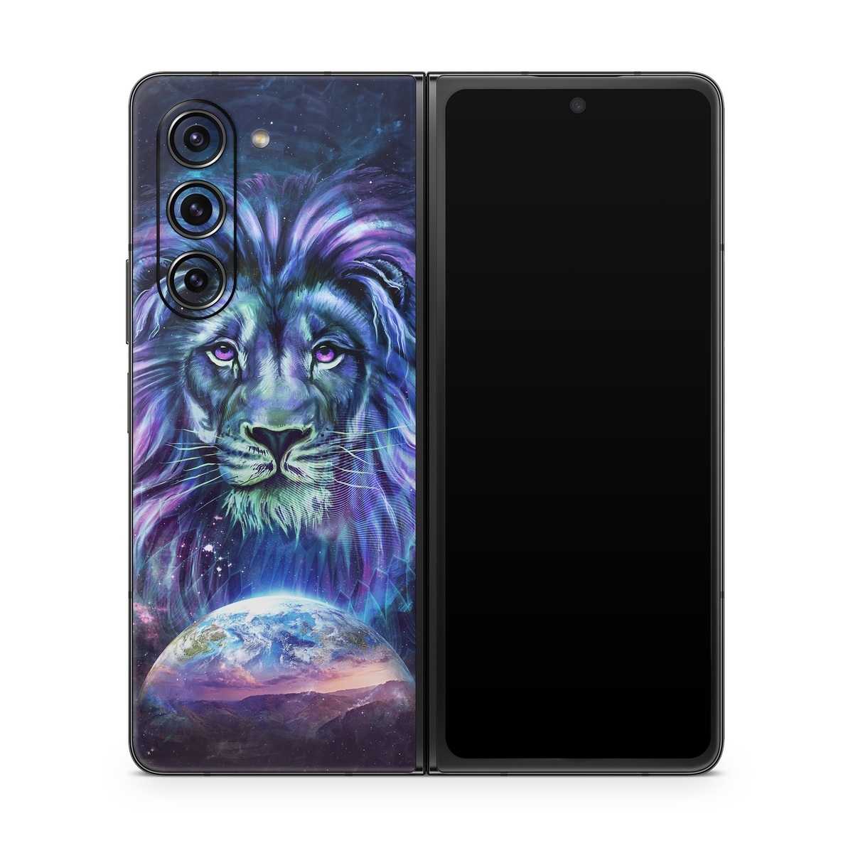 Samsung Galaxy Z Fold5 Skin design of Lion, Felidae, Purple, Wildlife, Big cats, Illustration, Darkness, Space, Painting, Art, with purple, blue, green, black, white, red colors