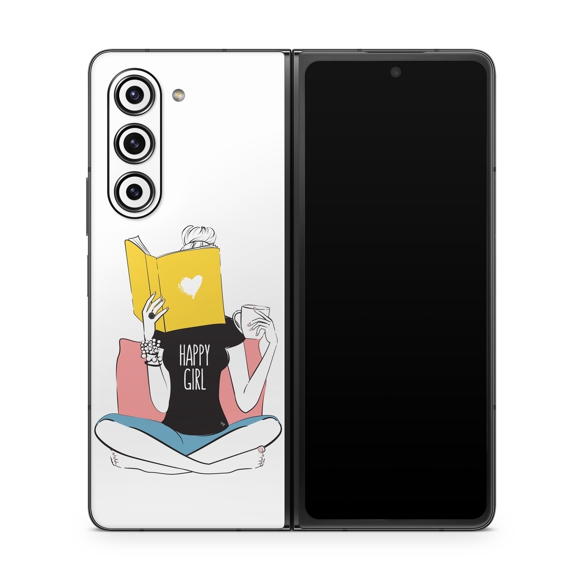Samsung Galaxy Z Fold5 Skin design of White, Sleeve, Gesture, Cartoon, Comfort, Elbow, Font, Graphics, Knee, Art, with white, black, blue, pink, yellow colors