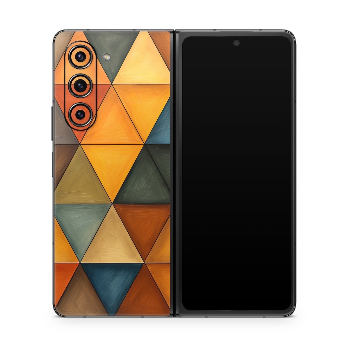 Samsung Galaxy Z Fold5 Skin design of Brown, Colorfulness, Rectangle, Azure, Amber, Orange, Triangle, Art, Flooring, Line, with yellow, orange, red, black, blue, brown colors