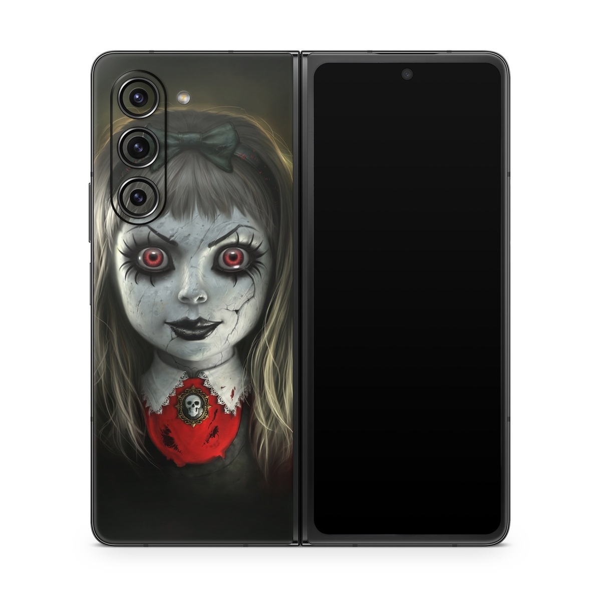 Samsung Galaxy Z Fold5 Skin design of Fiction, Illustration, Fictional character, Ghost, Darkness, Vampire, Goth subculture, Zombie, Art, Skull, with white, red, black, yellow colors