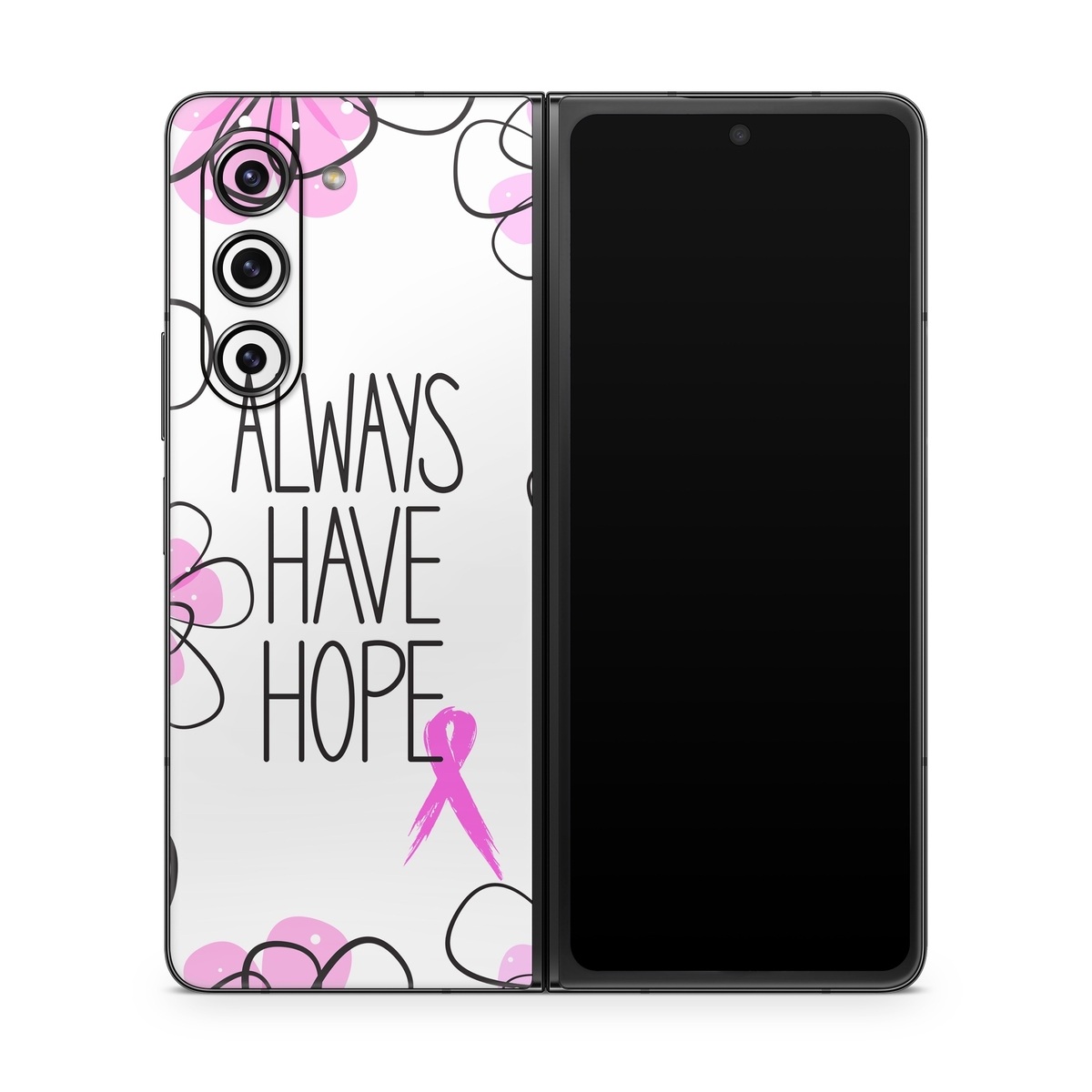 Samsung Galaxy Z Fold5 Skin design of Pink, Purple, Text, Petal, Line, Magenta, Leaf, Design, Pattern, Plant, with white, gray, pink, black, purple colors