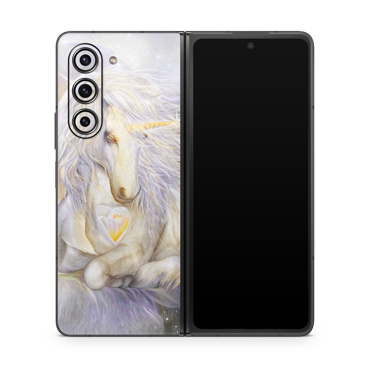 Samsung Galaxy Z Fold5 Skin design of Fictional character, Mythical creature, Unicorn, Sky, Mythology, Supernatural creature, Illustration, with gray, black, green, pink, blue colors