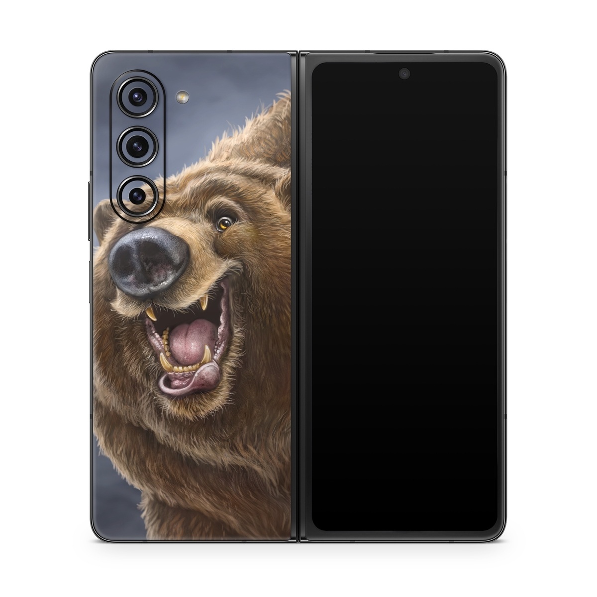 Samsung Galaxy Z Fold5 Skin design of Brown bear, Kodiak bear, Carnivore, Grizzly bear, Terrestrial animal, Snout, Bear, Whiskers, Fur, Fang, with brown, black, white, pink, gray colors