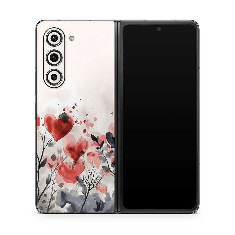 Samsung Galaxy Z Fold5 Skin design of Flower, Plant, Petal, Sky, Natural landscape, Twig, Tree, Art, Painting, Flowering plant, with white, black, gray, red, pink colors
