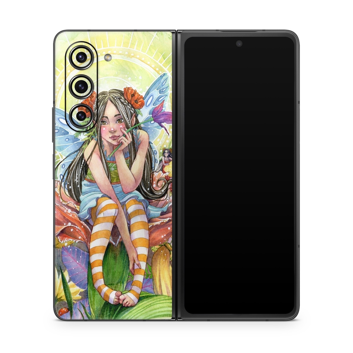 Samsung Galaxy Z Fold5 Skin design of Fictional character, Illustration, Art, Plant, Painting, Wildflower, Mythical creature, with gray, green, black, yellow, red colors