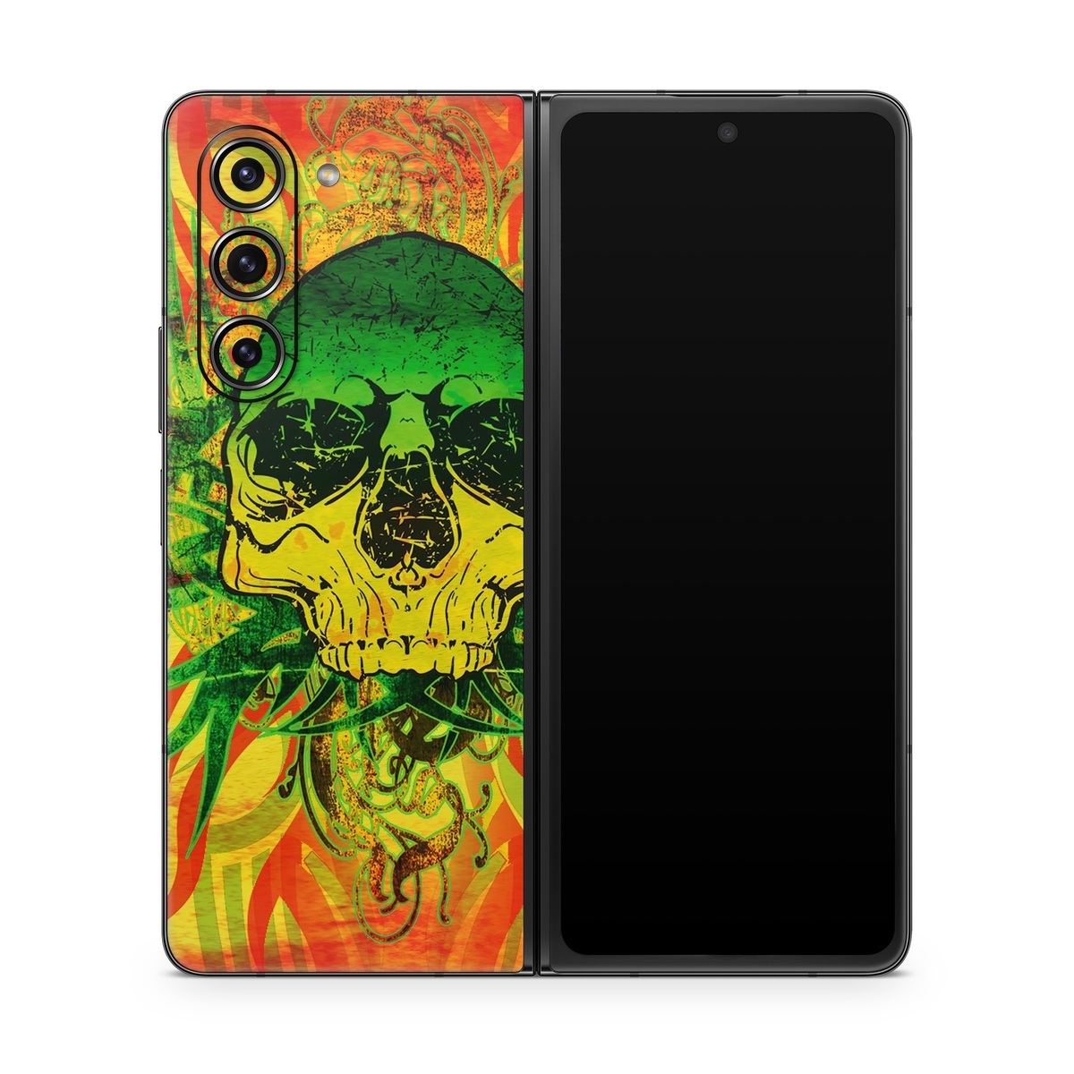 Samsung Galaxy Z Fold5 Skin design of Psychedelic art, Skull, Illustration, Bone, Art, Graphic design, Visual arts, Poster, Plant, Painting, with green, orange, black, red colors