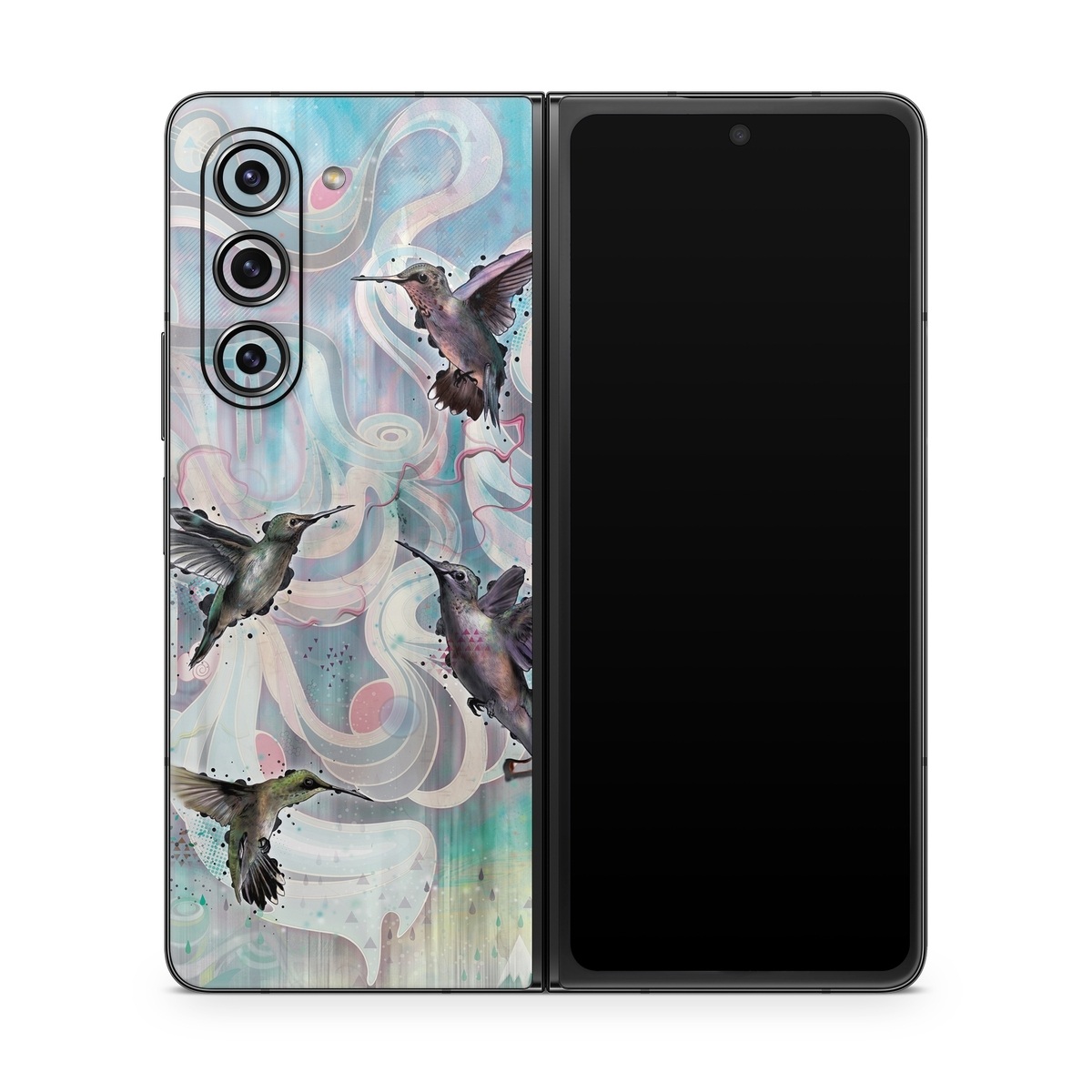 Samsung Galaxy Z Fold5 Skin design of Bird, Watercolor paint, Illustration, Hummingbird, Painting, Art, Wing, Fictional character, Acrylic paint, Perching bird, with gray, blue, black colors
