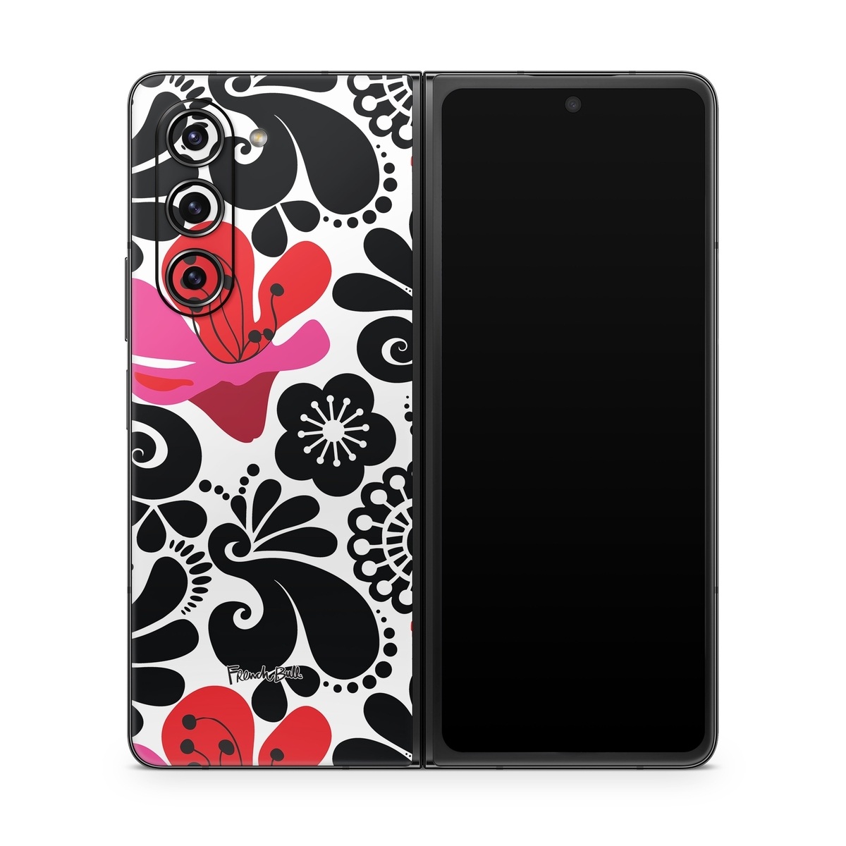 Samsung Galaxy Z Fold5 Skin design of White, Product, Green, Botany, Petal, Textile, Pink, Creative arts, Line, Magenta, with black, white, pink, red colors