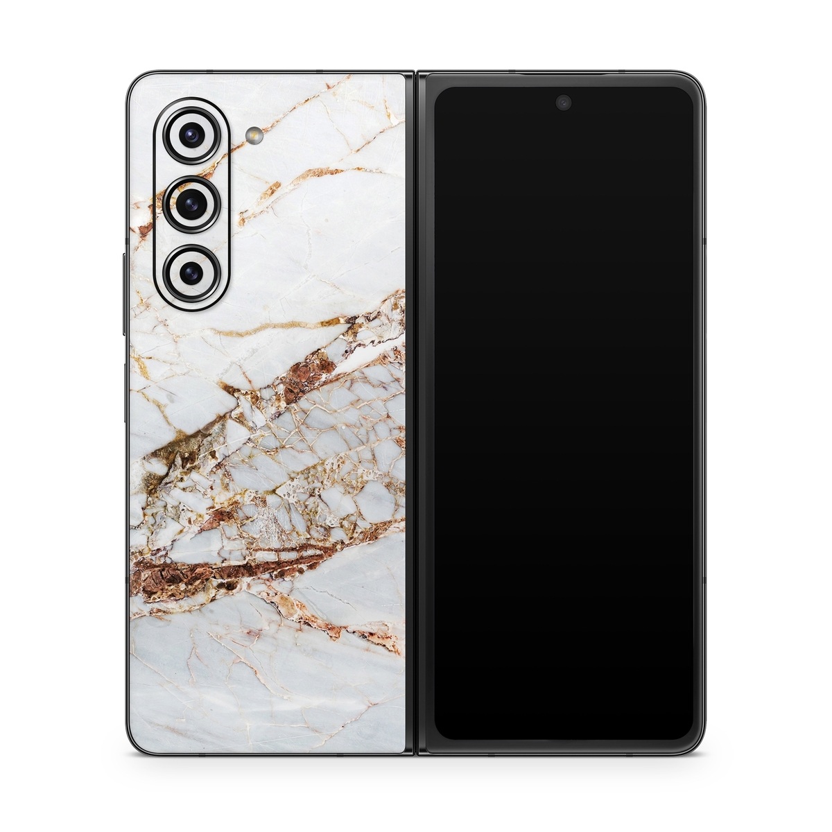 Samsung Galaxy Z Fold5 Skin design of White, Branch, Twig, Beige, Marble, Plant, Tile, with white, gray, yellow colors