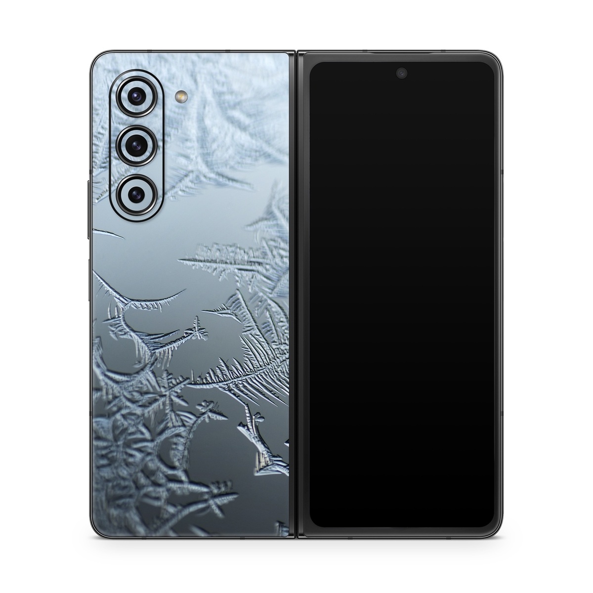 Samsung Galaxy Z Fold5 Skin design of Water, Frost, Freezing, Winter, Pattern, Ice, Sky, Atmosphere, Design, Reflection, with blue, gray, white, black colors