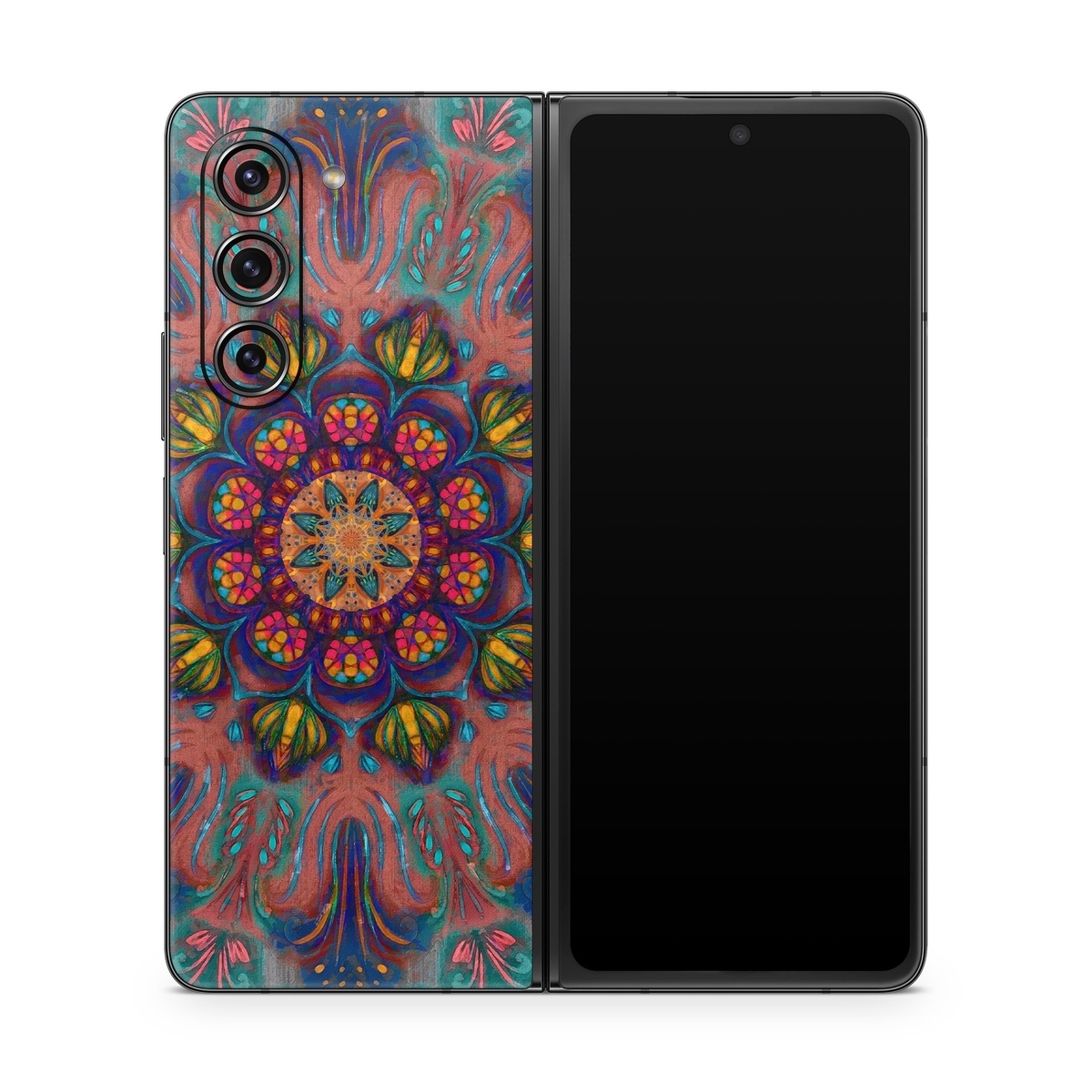 Samsung Galaxy Z Fold5 Skin design of Psychedelic art, Pattern, Art, Textile, Symmetry, Visual arts, Design, Fractal art, Kaleidoscope, Tapestry, with blue, yellow, red, green, pink, green colors