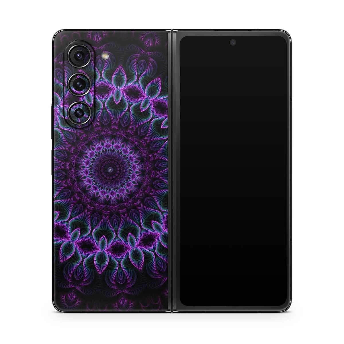 Samsung Galaxy Z Fold5 Skin design of Colorfulness, Pattern, Purple, Violet, Magenta, Red, Pink, Art, Fractal Art, Visual Arts, Design, Circle, Symmetry, Psychedelic Art, Motif, Kaleidoscope, Graphics, with black, purple, blue, white colors