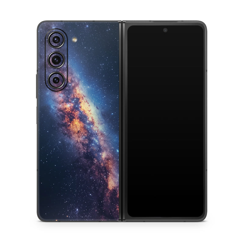 Samsung Galaxy Z Fold5 Skin design of Atmosphere, Sky, Nature, World, Nebula, Galaxy, Astronomical object, Atmospheric phenomenon, Milky way, Star, with black, blue, white, yellow, orange, red, purple, gray colors