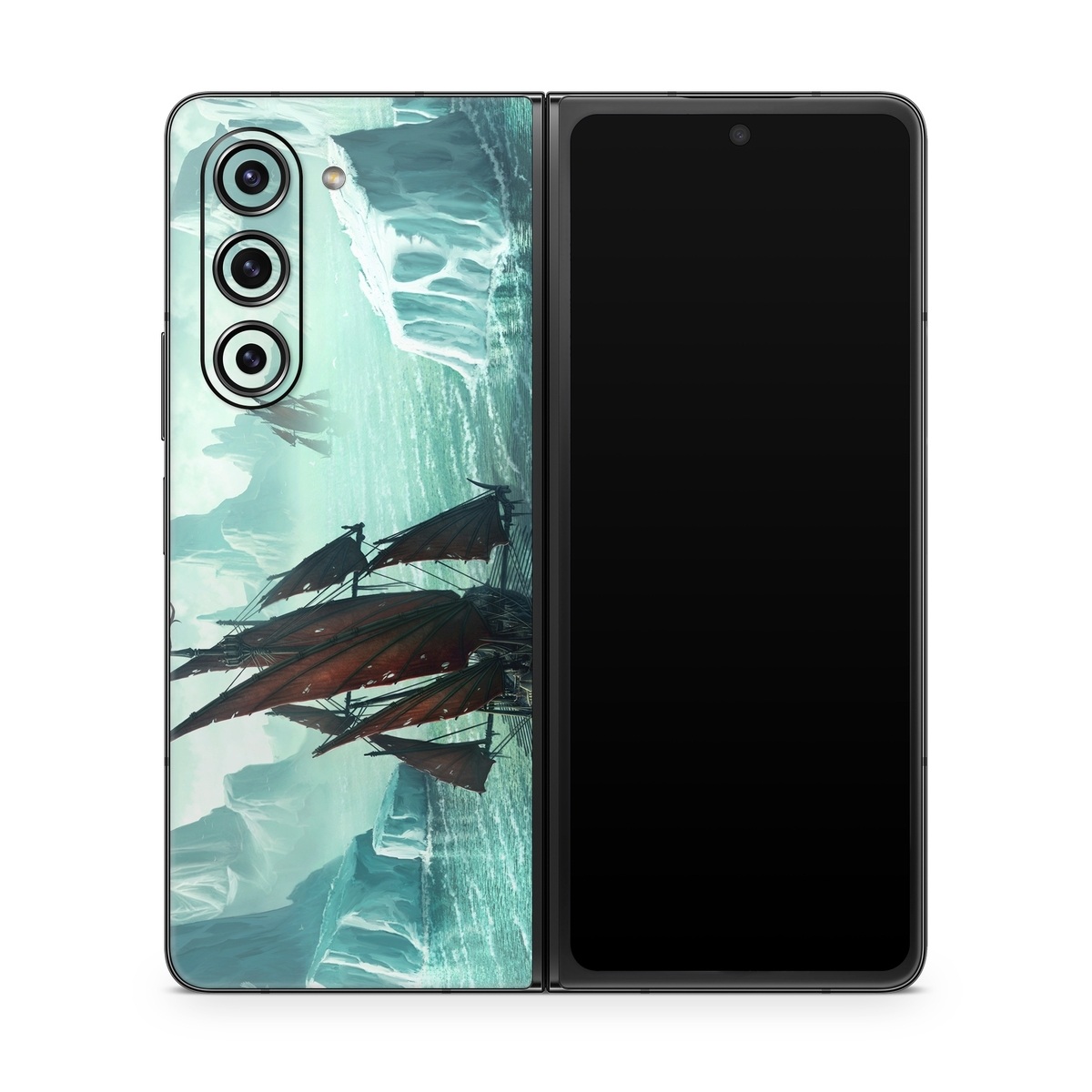 Samsung Galaxy Z Fold5 Skin design of Cg artwork, Vehicle, Ghost ship, Manila galleon, Fluyt, Adventure game, First-rate, Sailing ship, Mythology, Strategy video game, with gray, black, blue, green, white colors