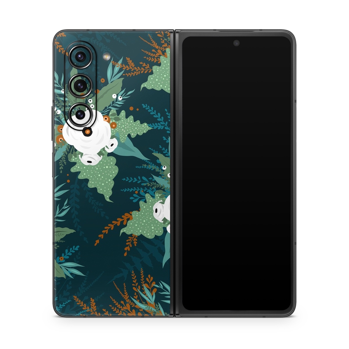 Samsung Galaxy Z Fold5 Skin design of Pattern, Branch, Tree, Illustration, Design, Plant, Textile, Art, Visual arts, Space, with green, white, red, blue colors