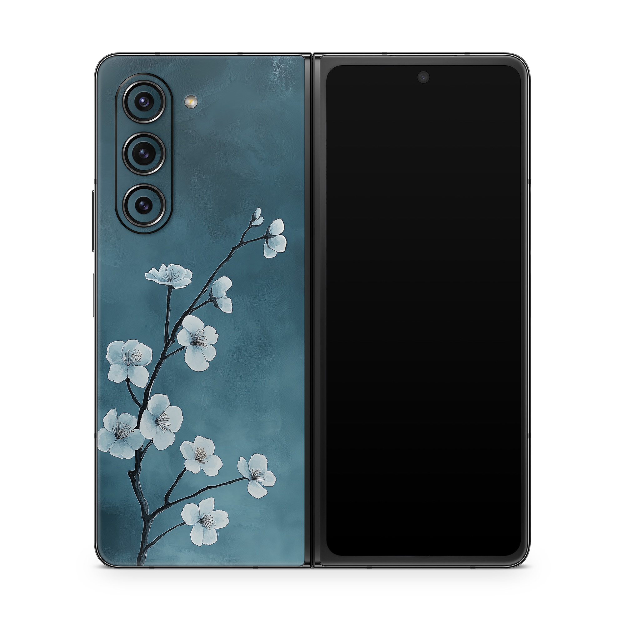Samsung Galaxy Z Fold5 Skin design of Flower, Nature, Petal, Branch, Twig, Sky, Flowering plant, Cloud, Blossom, Tree, with black, blue, white, gray colors