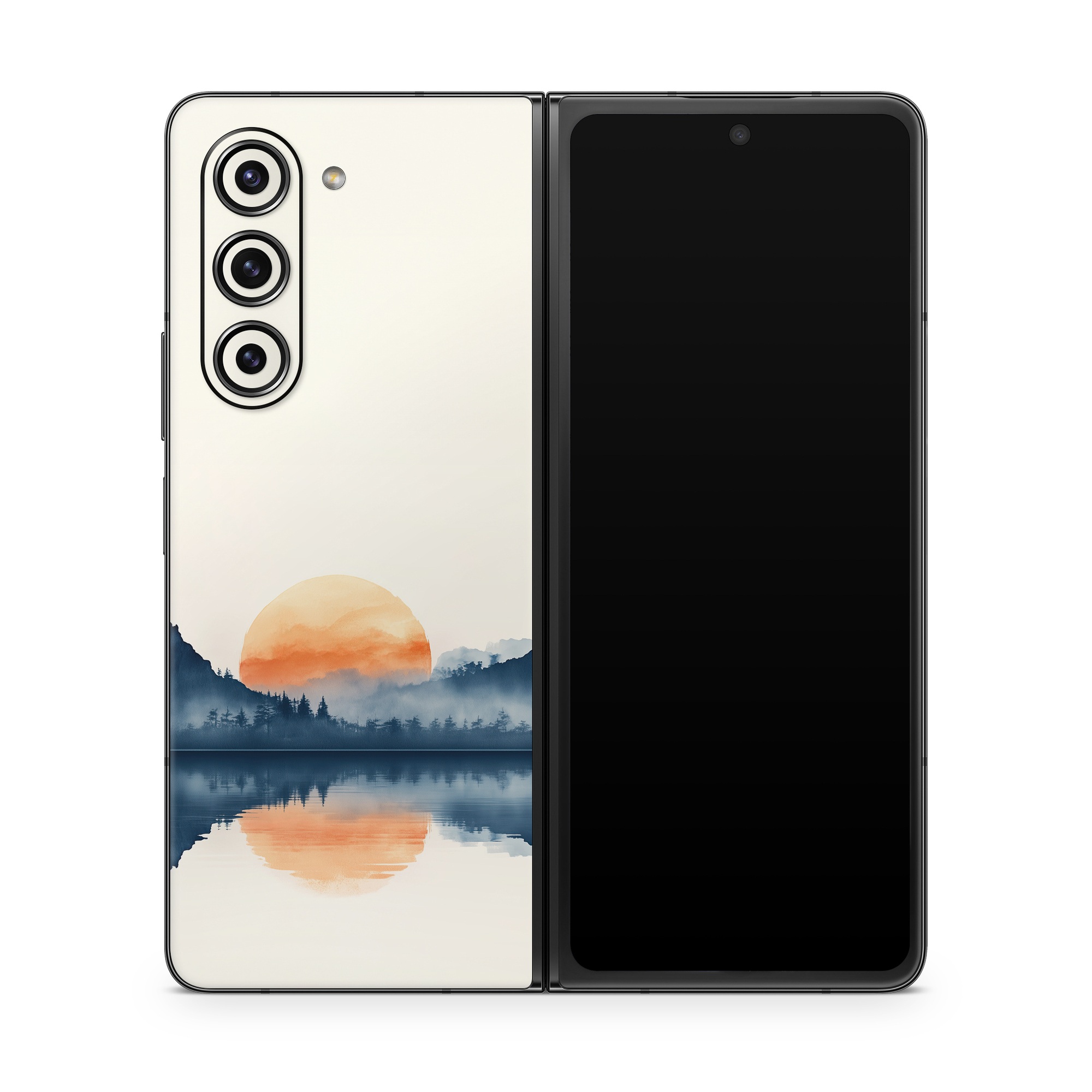 Samsung Galaxy Z Fold5 Skin design of Water, Water resources, Sky, Mountain, Natural landscape, Lake, Atmospheric phenomenon, Landscape, Horizon, Afterglow, with black, blue, white, gray, yellow, orange, red colors