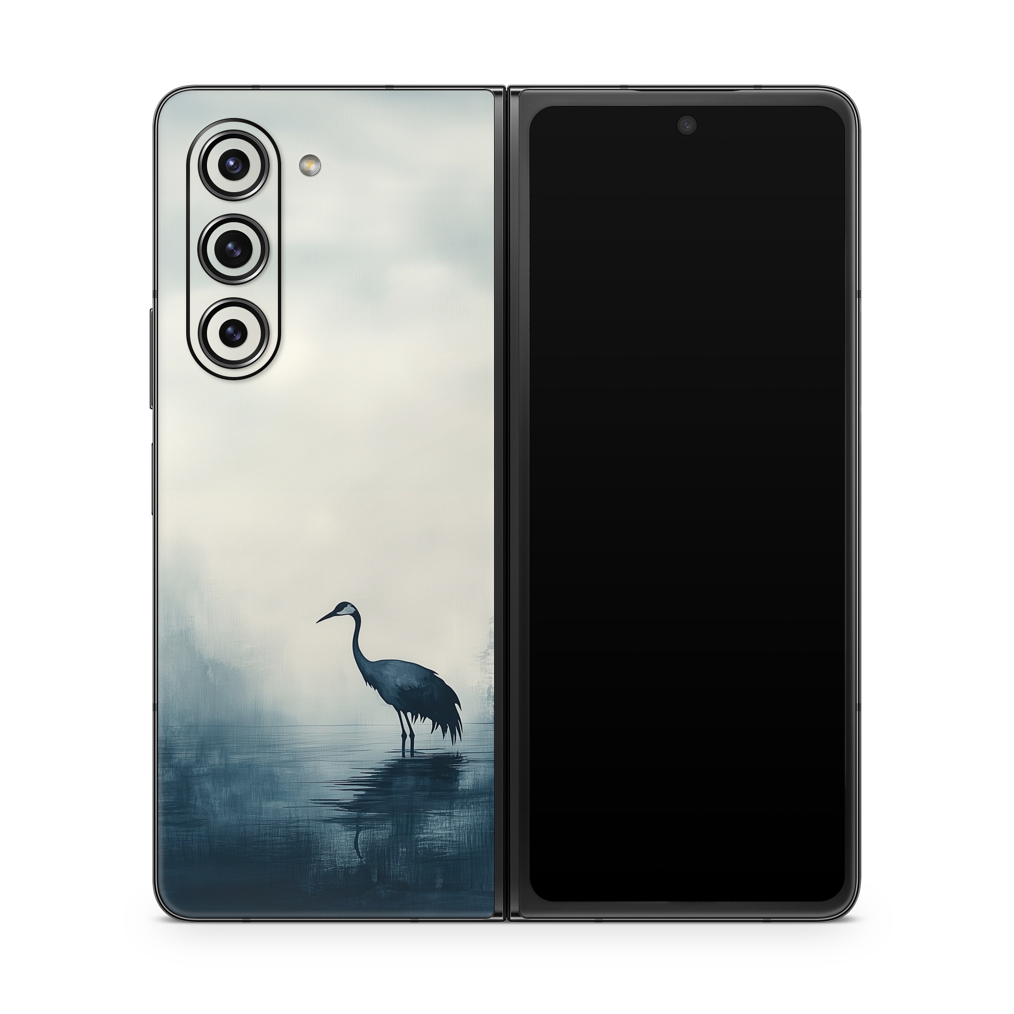 Samsung Galaxy Z Fold5 Skin design of Bird, Water, Beak, Feather, Natural landscape, Pelecaniformes, Sky, Wing, Water bird, Heron, with black, blue, white, gray colors
