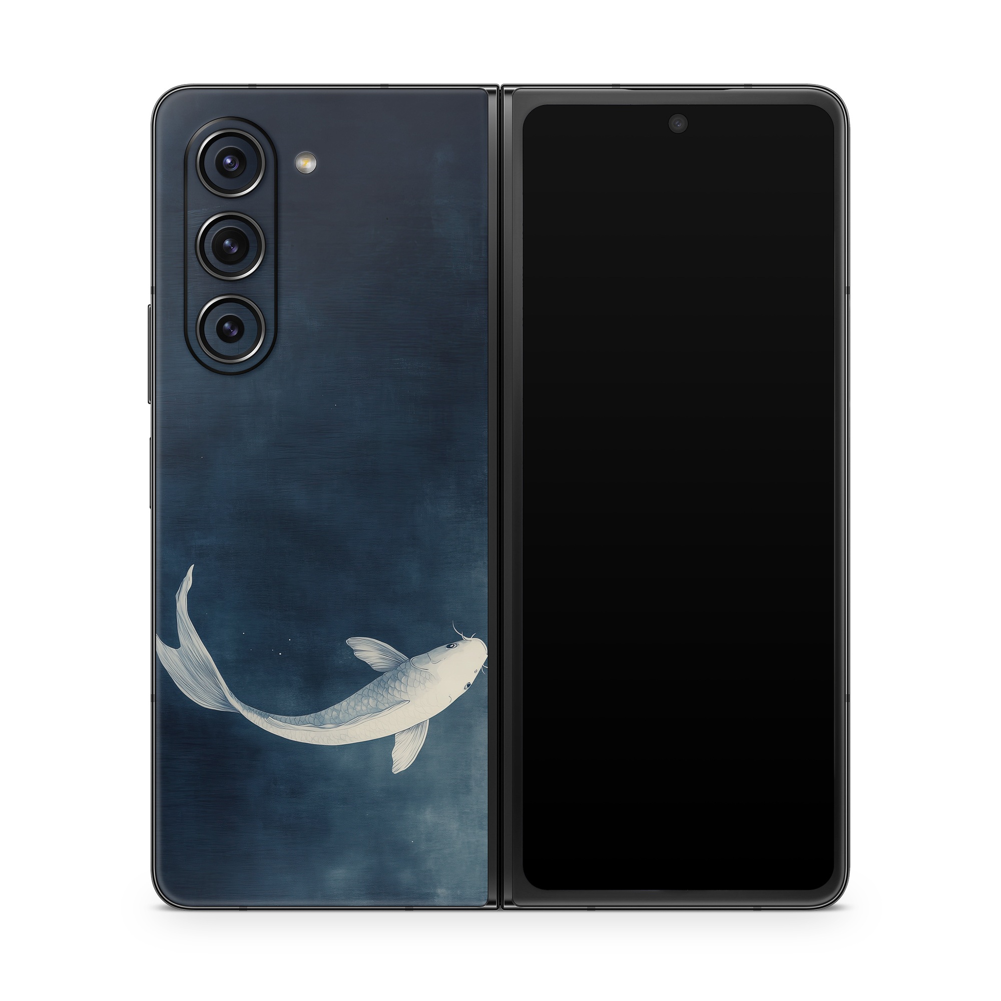 Samsung Galaxy Z Fold5 Skin design of Water, Liquid, Art, Wing, Beak, Feather, Seabird, Electric blue, Fish, Tail, with black, blue, white, gray colors