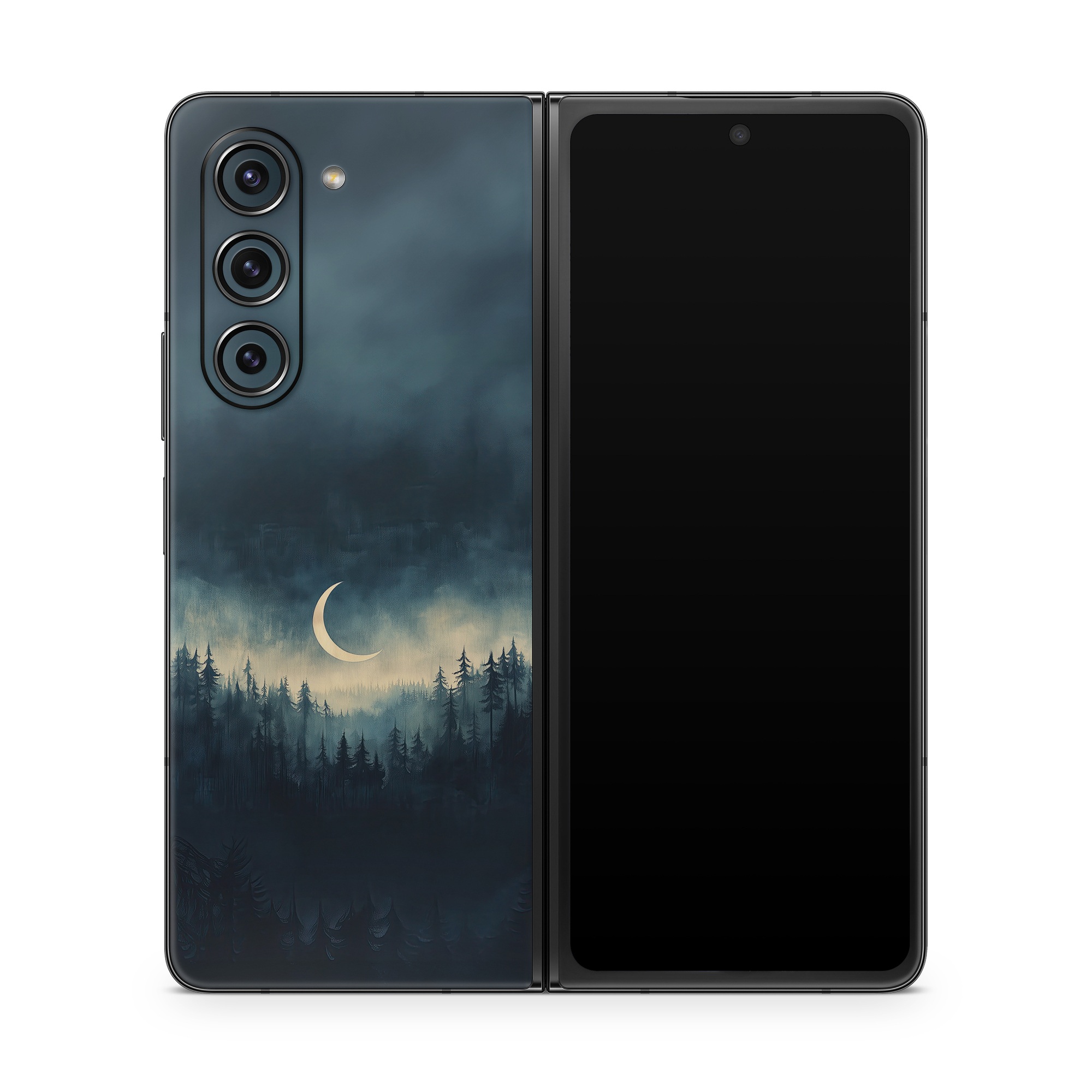 Samsung Galaxy Z Fold5 Skin design of Cloud, Sky, Atmosphere, Moon, Ecoregion, Crescent, Natural landscape, Tree, Plant, Dusk, with black, blue, white, gray colors