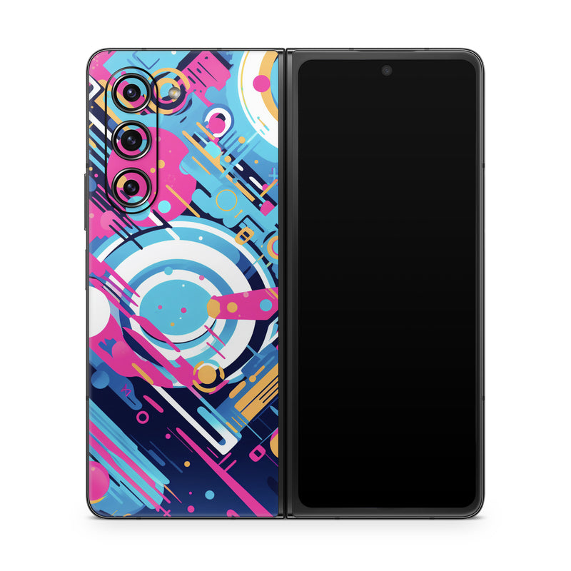 Samsung Galaxy Z Fold5 Skin design of Colorfulness, Font, Line, Material property, Art, Magenta, Pattern, Electric blue, Circle, Graphics, with blue, pink, black, white, orange colors