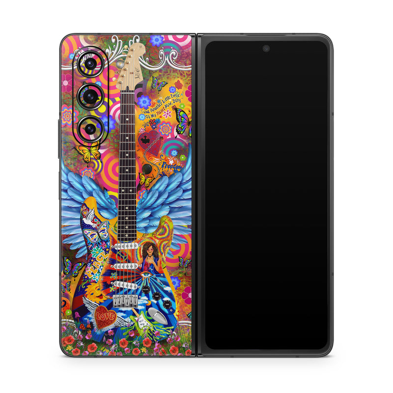 Samsung Galaxy Z Fold5 Skin design of Musical instrument, Guitar, Guitar accessory, Textile, Organism, String instrument, Plucked string instruments, String instrument accessory, Art, Font, with red, yellow, orange, pink, black, white, blue, brown, green colors