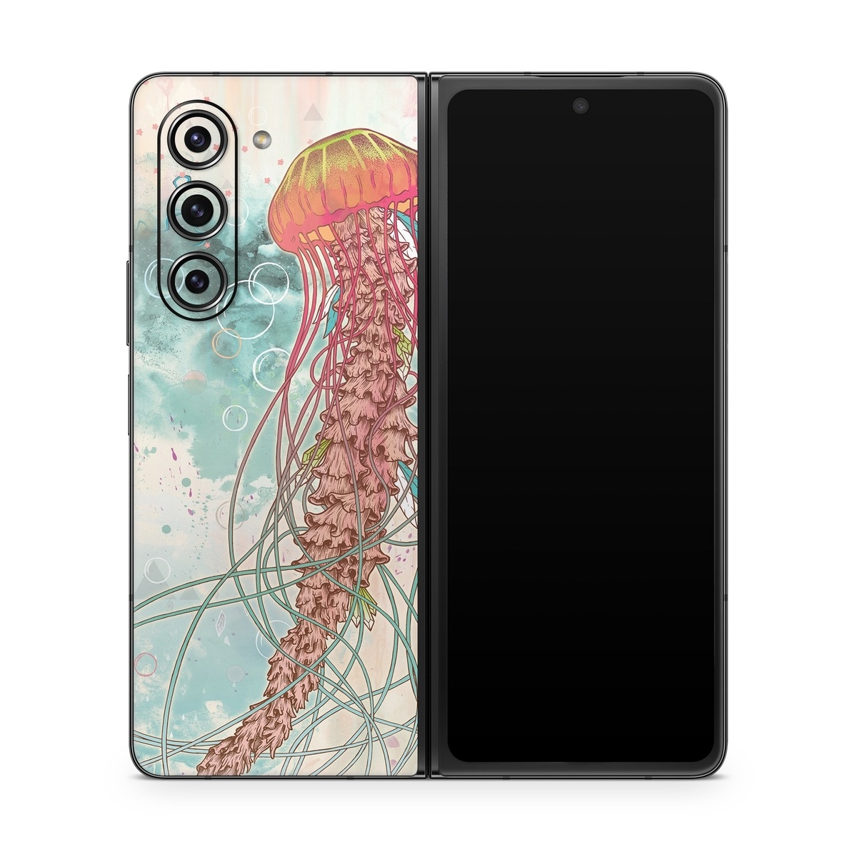 Samsung Galaxy Z Fold5 Skin design of Jellyfish, Illustration, Water, Cnidaria, Marine invertebrates, Organism, Portuguese man o' war, Art, Nepenthes, Invertebrate, with gray, pink, yellow, red, green colors