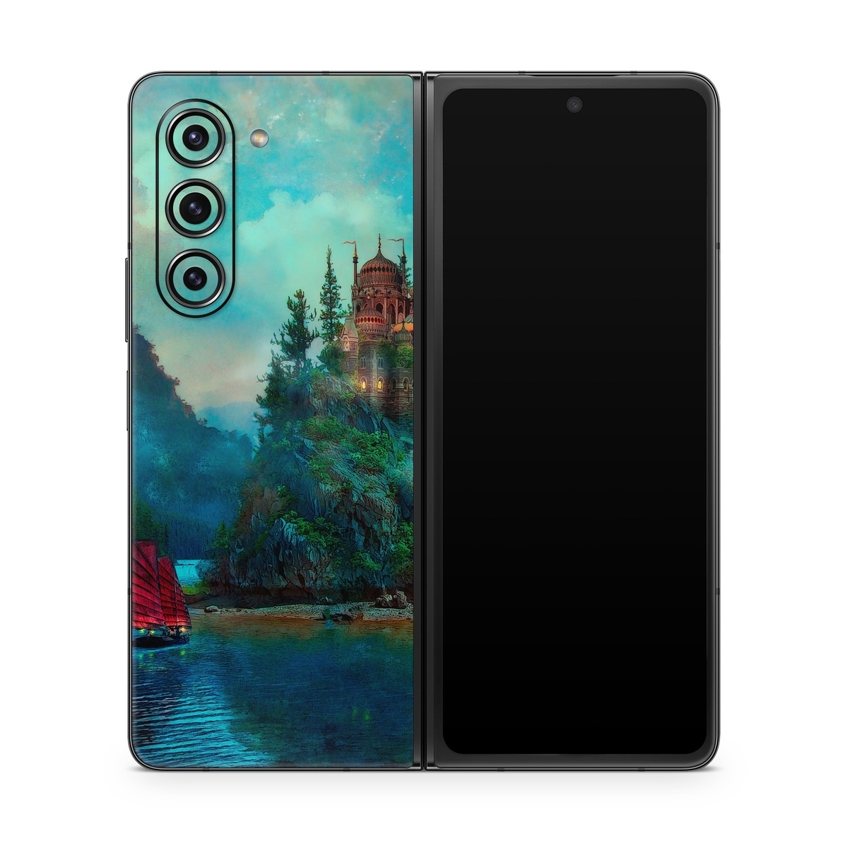 Samsung Galaxy Z Fold5 Skin design of Nature, Natural landscape, Sky, Painting, Landscape, Illustration, Watercolor paint, Art, Calm, Water castle, with black, gray, blue, green colors