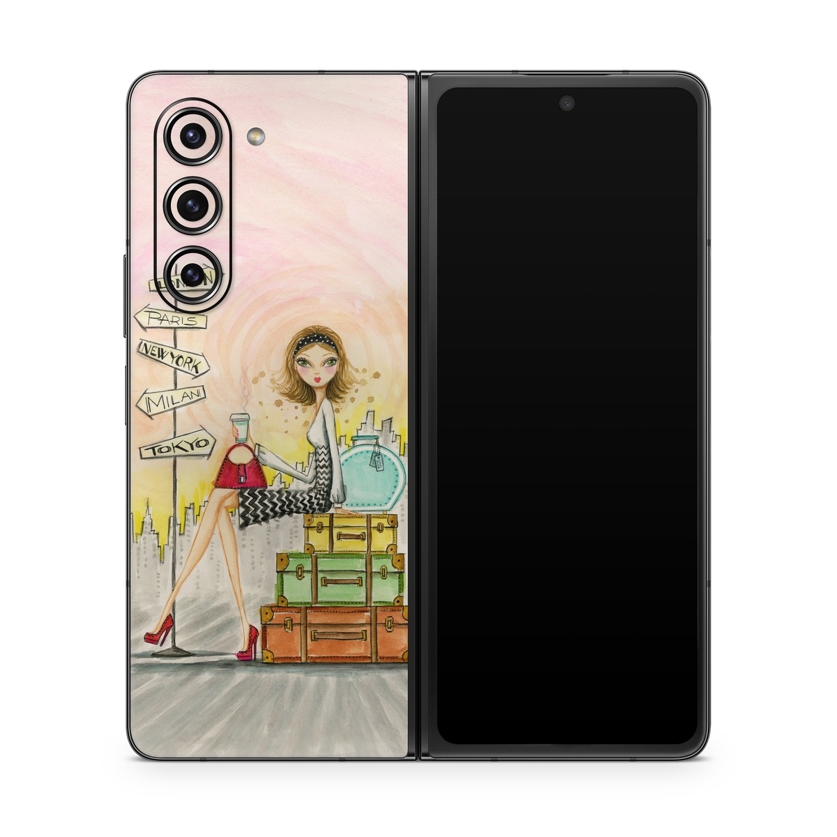 Samsung Galaxy Z Fold5 Skin design of Cartoon, Illustration, Art, Watercolor paint, with gray, pink, green, red, black colors