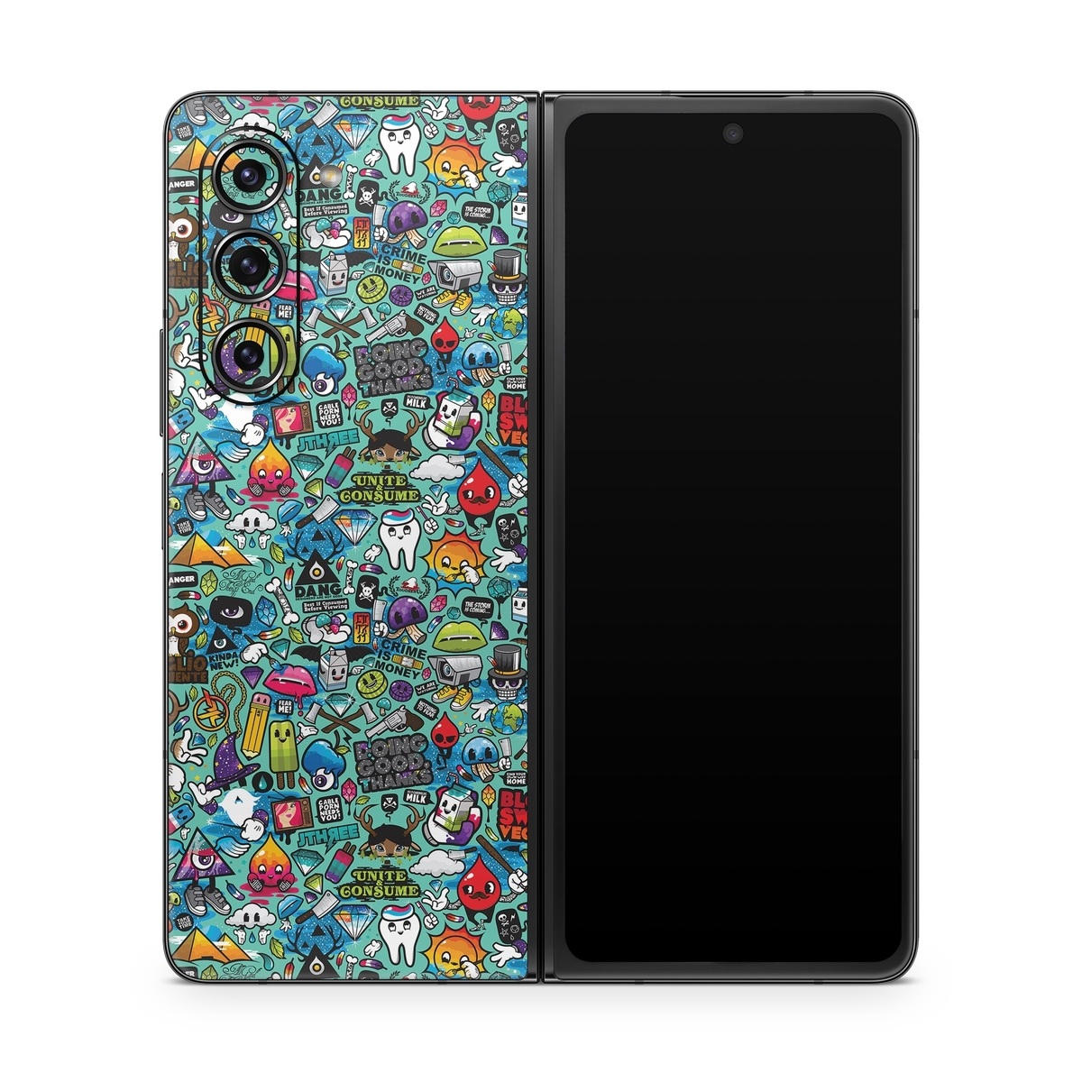 Samsung Galaxy Z Fold5 Skin design of Cartoon, Art, Pattern, Design, Illustration, Visual arts, Doodle, Psychedelic art, with black, blue, gray, red, green colors
