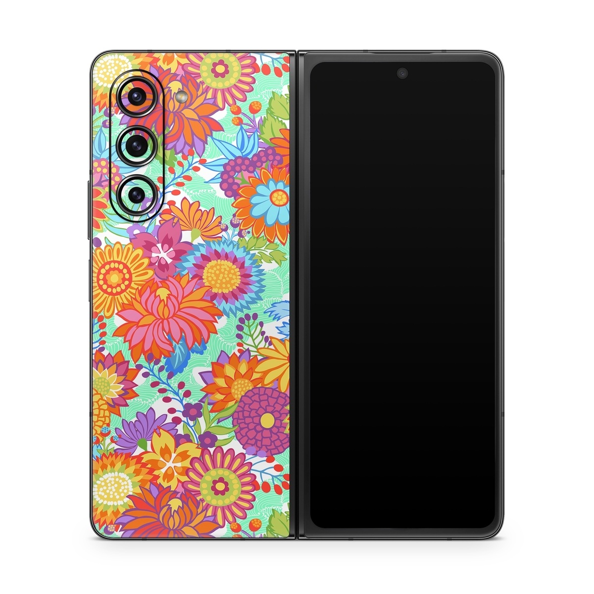 Samsung Galaxy Z Fold5 Skin design of Pattern, Floral design, Orange, Flower, Design, Textile, Plant, Wildflower, Wrapping paper, Visual arts, with gray, orange, green, purple colors
