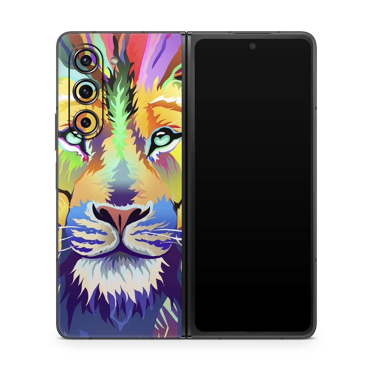 Samsung Galaxy Z Fold5 Skin design of Bengal tiger, Felidae, Lion, Wildlife, Big cats, Tiger, Carnivore, Art, Illustration, Painting, with orange, yellow, green, red, pink, blue, purple colors