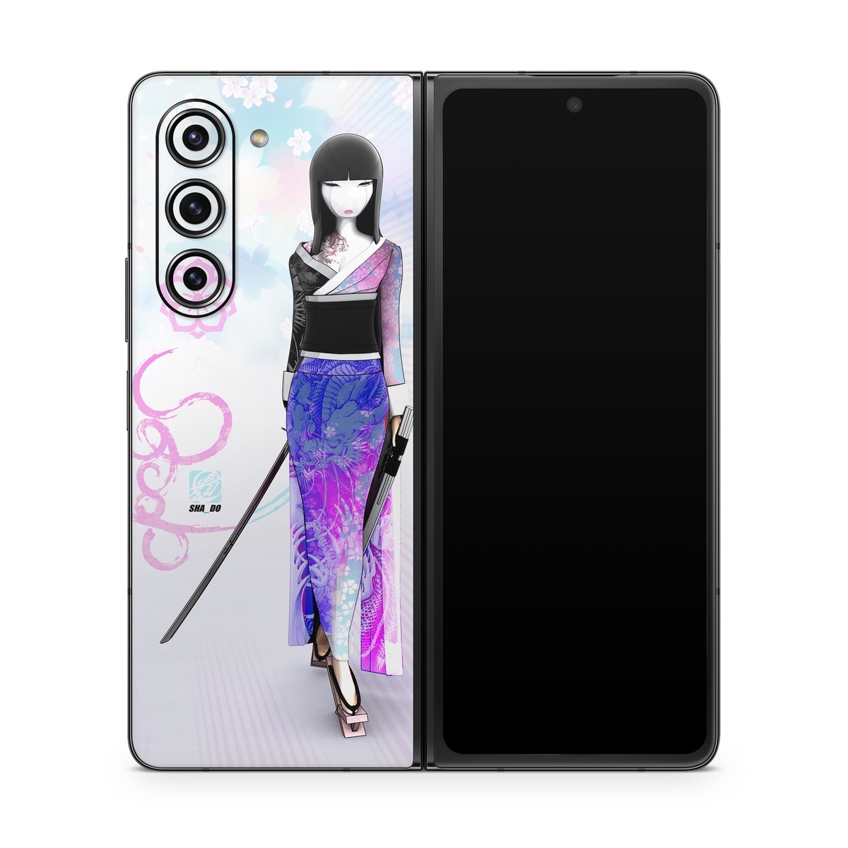 Samsung Galaxy Z Fold5 Skin design of Clothing, Fashion illustration, Fashion model, Pink, Fashion, Purple, Fashion design, Dress, Barbie, Illustration, with white, pink, purple, black, blue colors