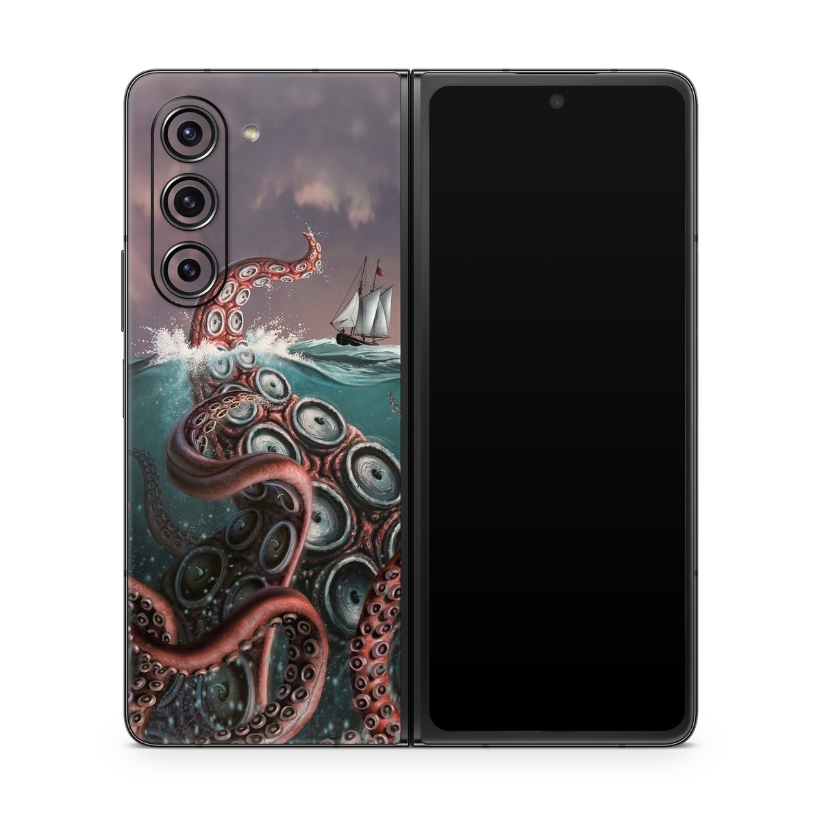 Samsung Galaxy Z Fold5 Skin design of Octopus, Water, Illustration, Wind wave, Sky, Graphic design, Organism, Cephalopod, Cg artwork, giant pacific octopus, with blue, gray, white, brown, red colors