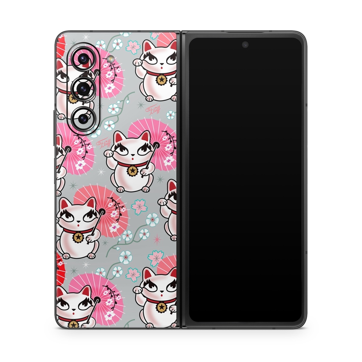 Samsung Galaxy Z Fold5 Skin design of Pink, Red, Cartoon, Design, Line, Textile, Pattern, Illustration, Smile, Fictional character, with white, red, pink, gray, blue, black colors