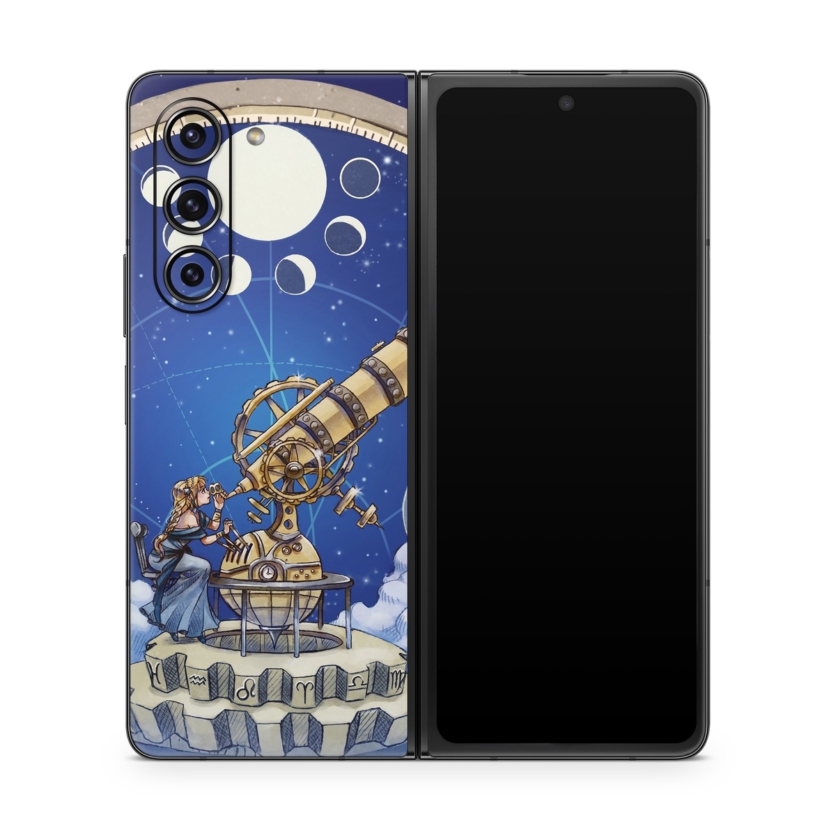 Samsung Galaxy Z Fold5 Skin design of Circle, World, Space, Vehicle, Satellite, Illustration, with white, blue, yellow, pink, gray colors