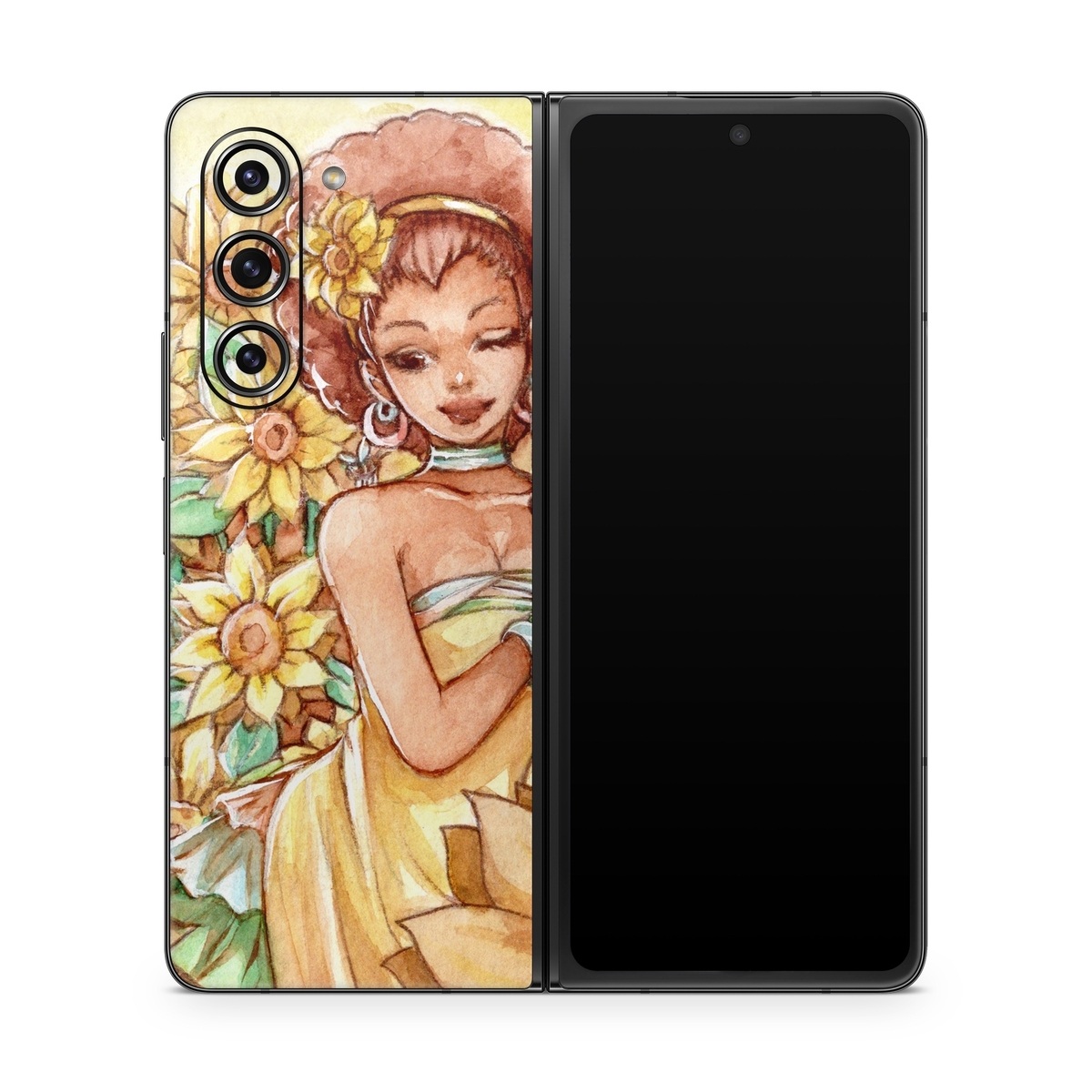 Samsung Galaxy Z Fold5 Skin design of Painting, Illustration, Art, Fictional character, Plant, Flower, Clip art, with yellow, orange, brown, green colors