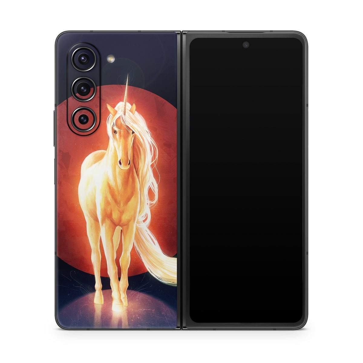Samsung Galaxy Z Fold5 Skin design of Hair, Horse, Human body, Jaw, Art, Entertainment, Heat, Neon, Flame, Tail, with black, red, orange, yellow, white, purple colors