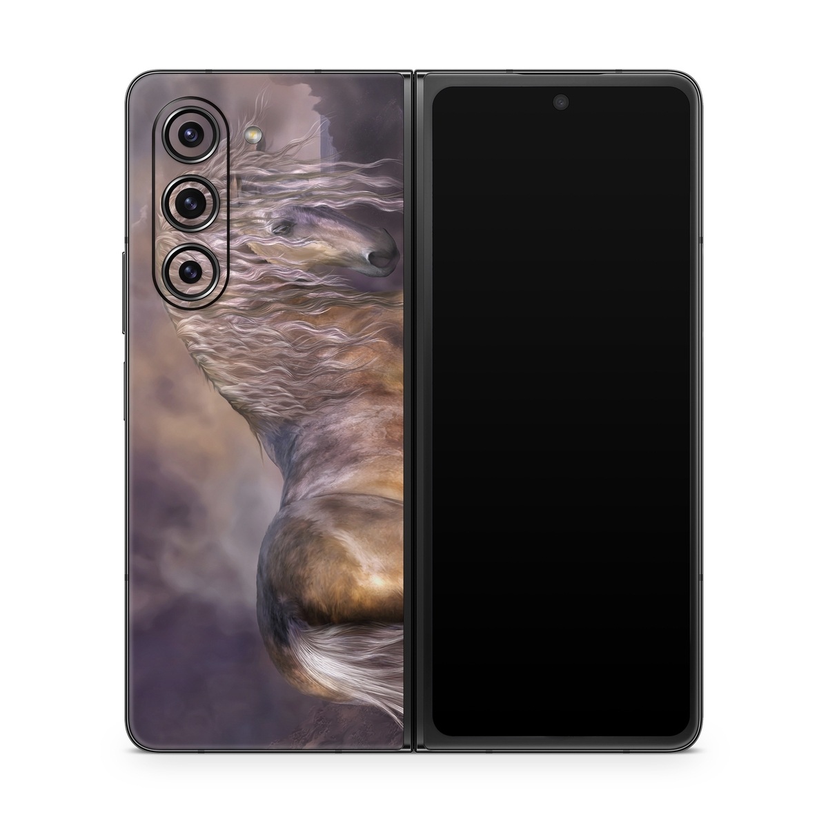 Samsung Galaxy Z Fold5 Skin design of Horse, Mane, Stallion, Mustang horse, Fictional character, Mare, Painting, Wildlife, Mythical creature, with black, gray, red, blue, green colors