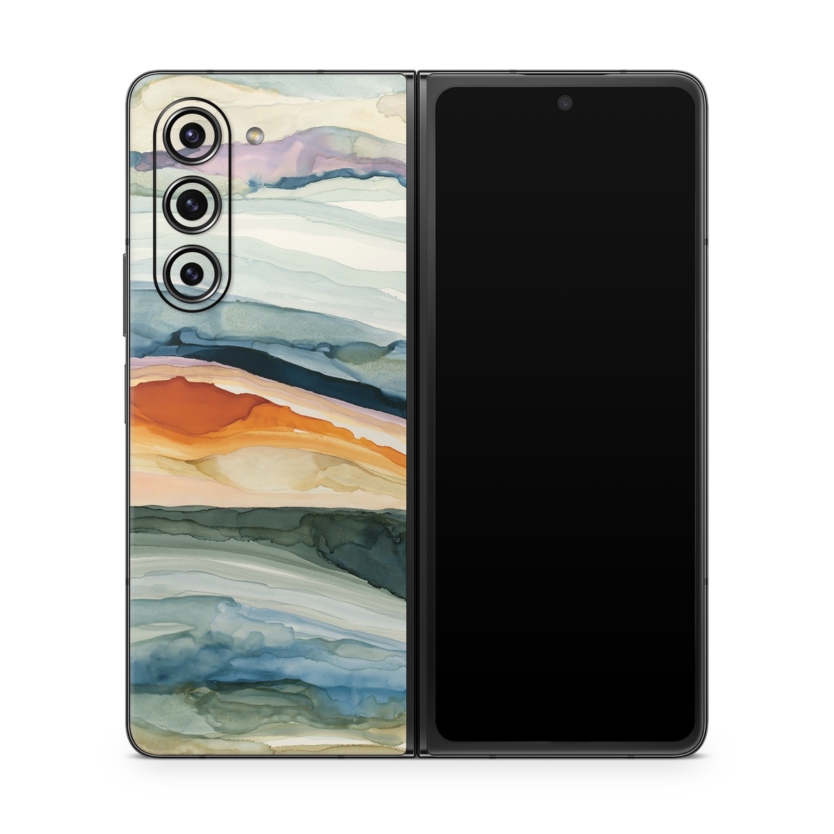 Samsung Galaxy Z Fold5 Skin design of Watercolor paint, Painting, Sky, Wave, Geology, Landscape, Pattern, Acrylic paint, Cloud, Paint, with blue, purple, orange, yellow, red, green, brown colors