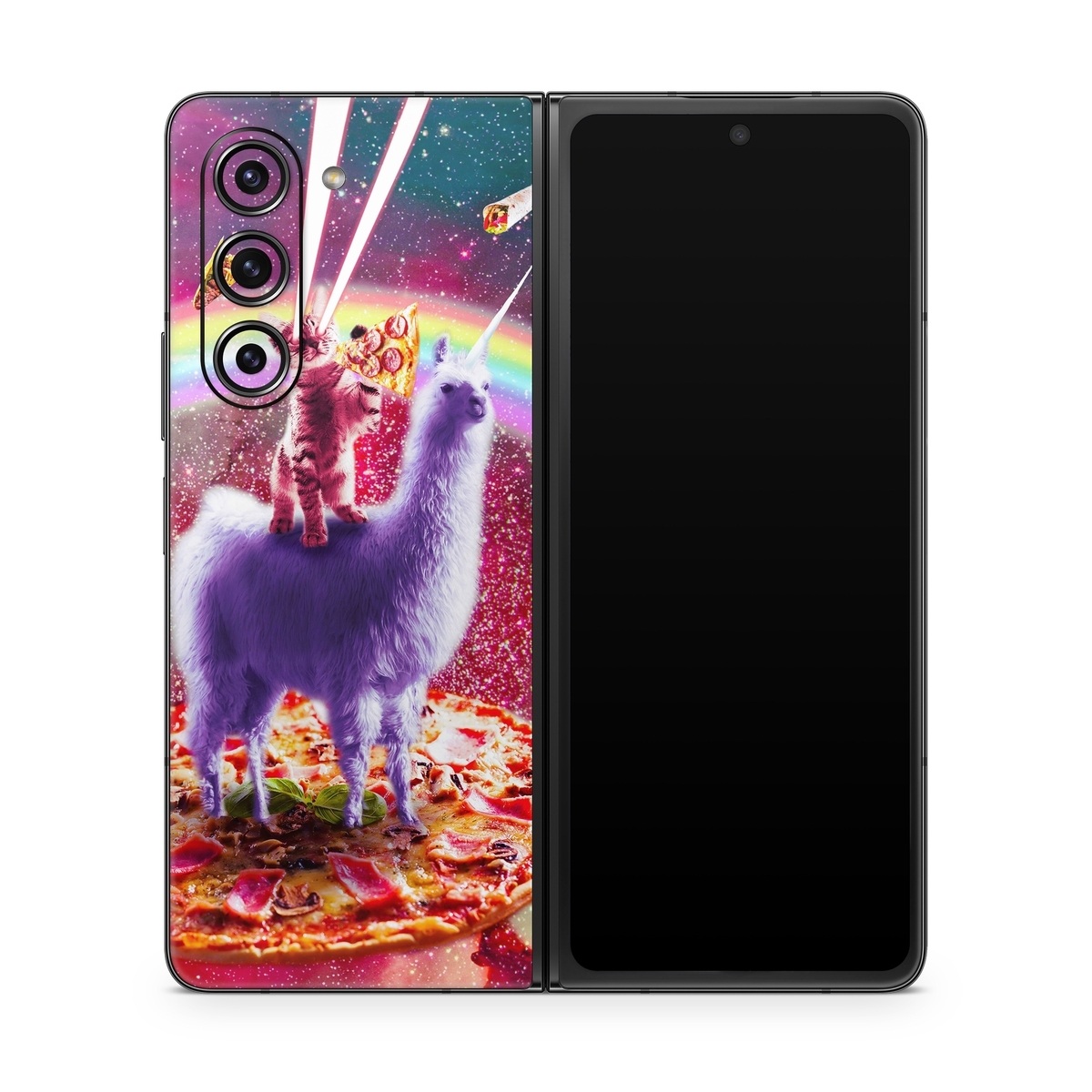 Samsung Galaxy Z Fold5 Skin design of Llama, Unicorn, Fictional character, Illustration, Graphic design, Livestock, Camelid, Mythical creature, Graphics, Art, with red, white, yellow, gray, purple, blue, green colors