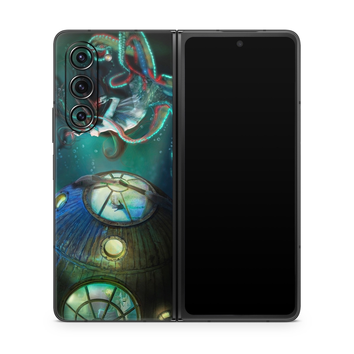 Samsung Galaxy Z Fold5 Skin design of Cg artwork, Illustration, Art, Fictional character, Fiction, Space, Fractal art, Graphic design, Mythology, Graphics, with black, gray, blue, green colors