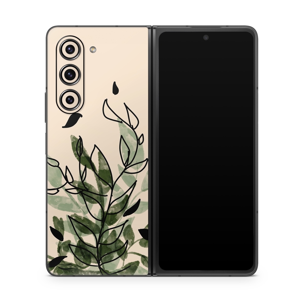 Samsung Galaxy Z Fold5 Skin design of Leaf, Plant, Botany, Branch, Flower, Plant Stem, Pedicel, Twig, Illustration, with green, black, brown colors