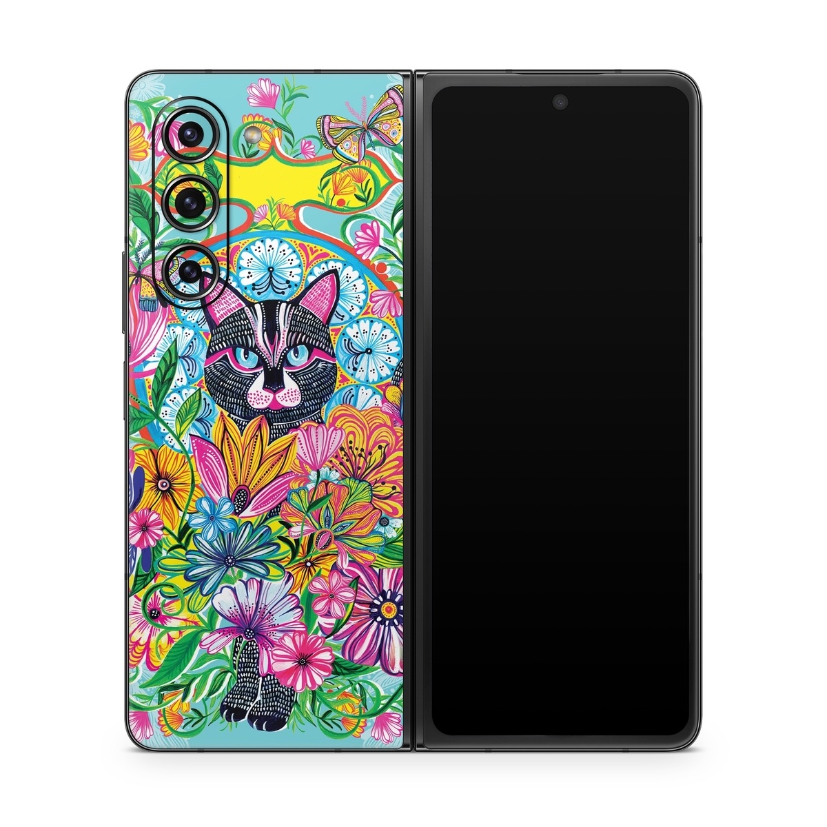 Samsung Galaxy Z Fold5 Skin design of Visual arts, Art, Plant, Illustration, Pattern, Floral design, Flower, Wildflower, with white, blue, pink, black, green, yellow colors