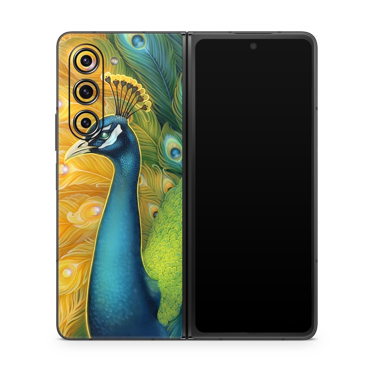 Samsung Galaxy Z Fold5 Skin design of Bird, Peafowl, Phasianidae, Beak, Organism, Art paint, Galliformes, Art, Feather, Painting, with yellow, orange, green, blue, white, black colors