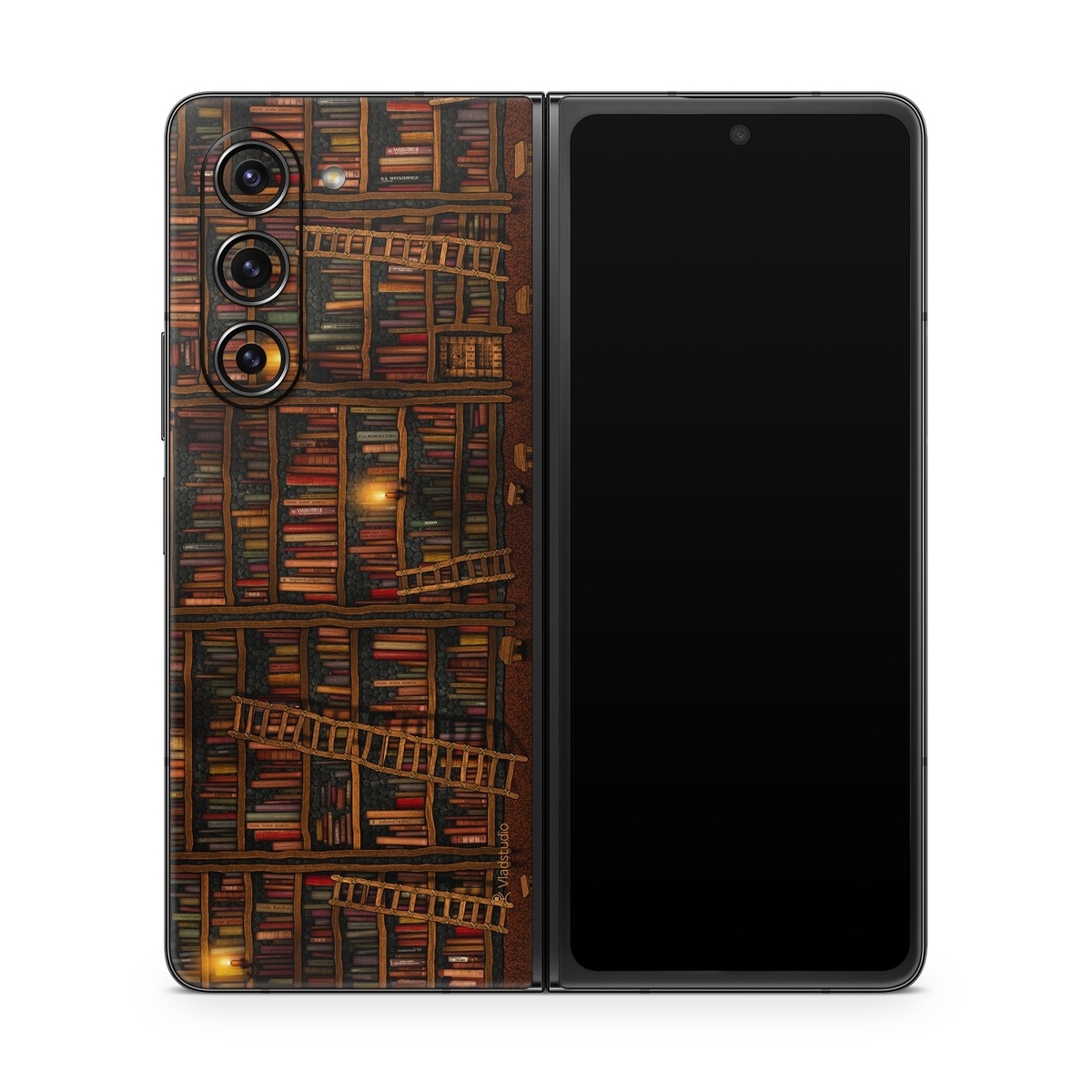 Samsung Galaxy Z Fold5 Skin design of Shelving, Library, Bookcase, Shelf, Furniture, Book, Building, Publication, Room, Darkness, with black, red colors