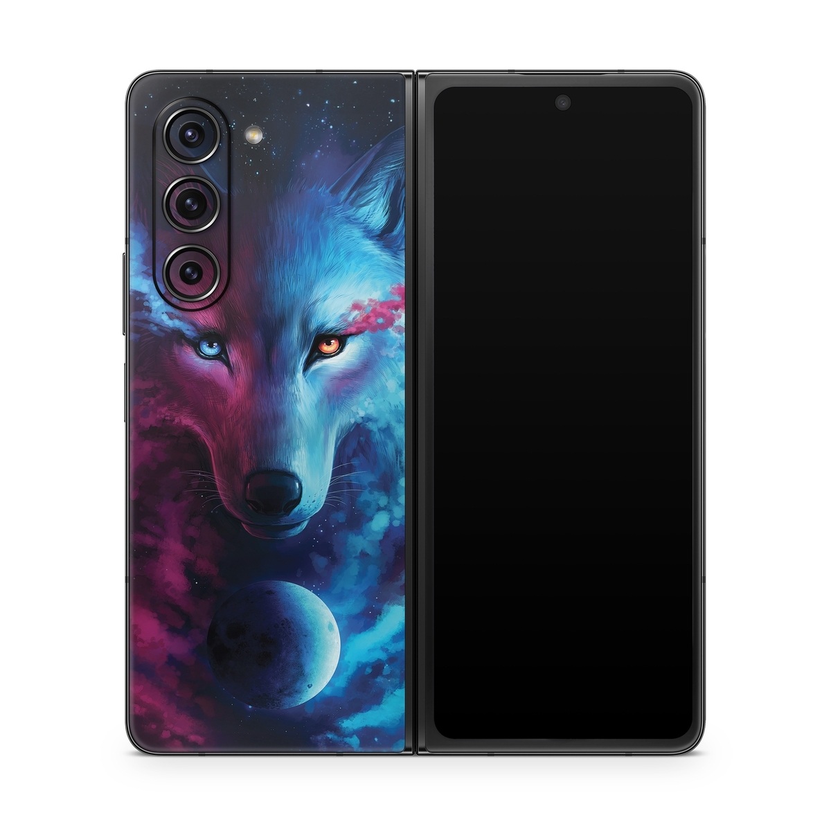Samsung Galaxy Z Fold5 Skin design of Dog, Carnivore, Organism, Iris, Painting, Art, Whiskers, Cg artwork, Electric blue, Space, with black, blue, purple, red colors
